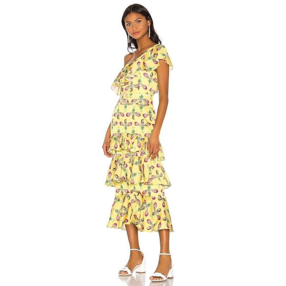 PATBO BRIGHT YELLOW ONE SHOULDER TIERED RUFFLE MIDI DRESS SIZE 2 NWT - Picture 1 of 9